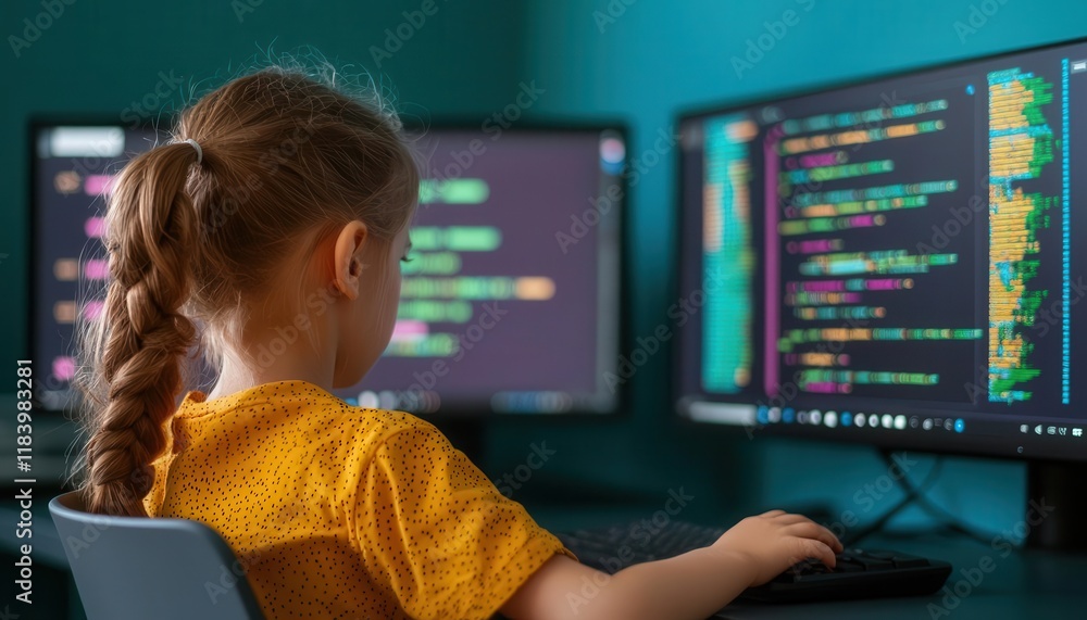 Poster personalized education. children participating in a gamified coding challenge in a vibrant digital c