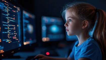 personalized education. Children participating in a gamified coding challenge in a vibrant digital classroom, tech learning tools, personalized skill acquisition