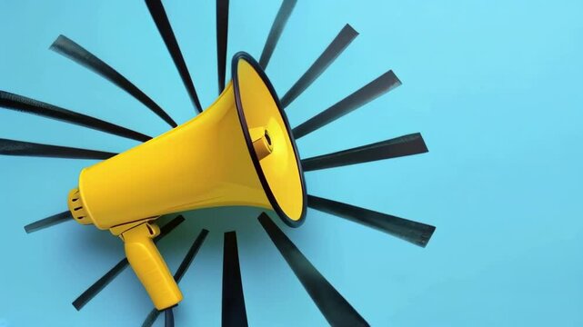 
A dynamic video showcasing a yellow megaphone on a bold blue background with light stripes, ideal for advertising, announcements, and communication, featuring space for text.