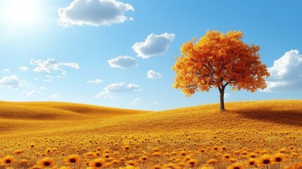 Autumnal Landscape: A Solitary Tree in a Sunflower Field