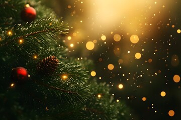 Festive Holiday Sparkle with Evergreen Branches and Golden Lights