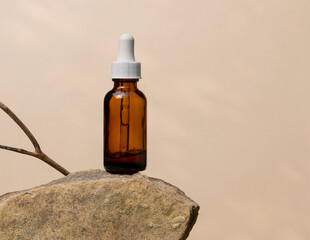 Refined Skincare Bottle Mockup Displayed on Stone Pedestal