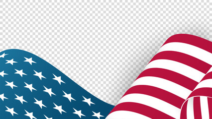 Fototapeta premium Waving Flag of the United States of America. Graphic template for American national holidays greetings cards, posters, festive banners and backgrounds. Transparent background. Vector illustration.