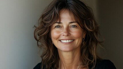 Smiling mature woman portrait, indoor, neutral background, headshot