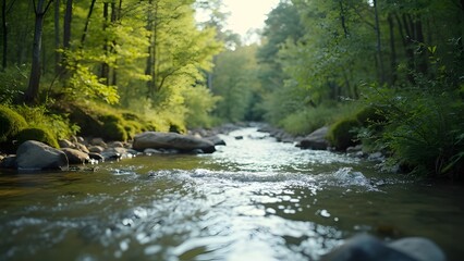Obraz premium Serene Beige-Toned Stream Flowing Through Lush Green Forest, Nature Preservation and Clean Water Concept