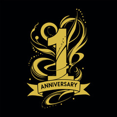 Creative Number 1 Anniversary Logo with Abstract Swirls and Decorative Elements