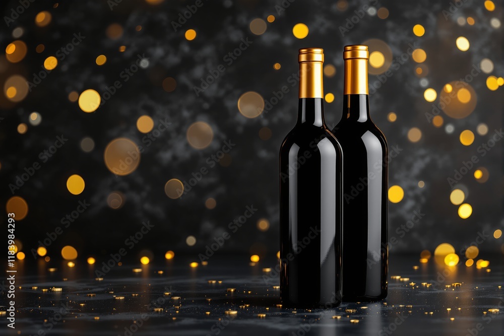 Poster two elegant wine bottles with golden caps placed against a blurred sparkling bokeh background. refle