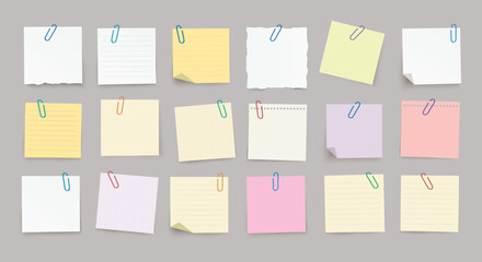Large set of vector realistic note papers with paper clips and diffrent colors on transparent background.
