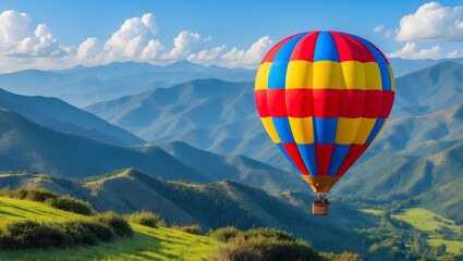 Fototapeta premium Amazing view of mountains with colorful hot air balloon. Travel concept. Artistic picture. Beauty world. Ai Generative.