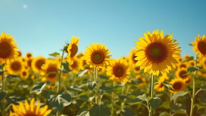 Obraz premium Vibrant Coral-Toned Sunflowers Field Under a Clear Blue Sky, Stunning Summer Nature Photography