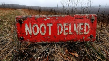 Weathered Red Sign Reads Noot Delned In Field
