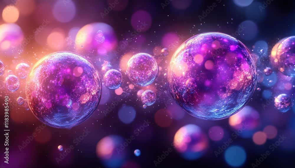 Poster glowing orbs float, connecting in bokeh-lit space