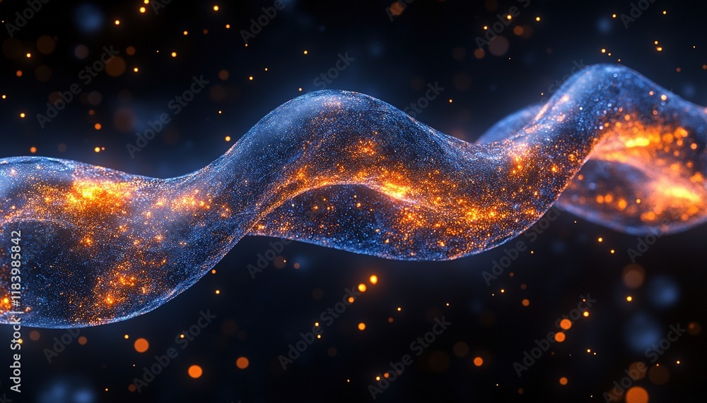Poster glowing particle helix in space with sparkling background