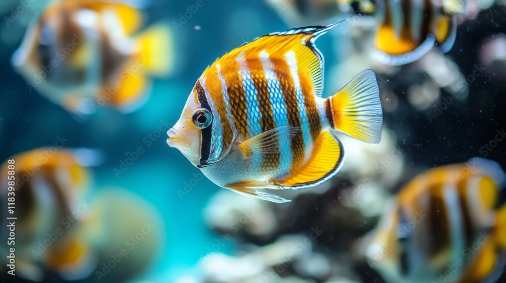 Poster brightly colored tropical fish glide through the crystal-clear waters, weaving among coral formation