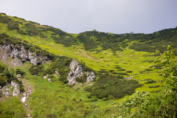 
A mountainous area with steep, rocky slopes covered with green vegetation.