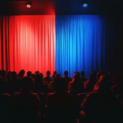 Audience Watching Stage Show with Red and Blue Curtain Lighting