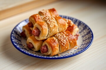 A photo of a plate of golden-brown homemade pigs in a blanket