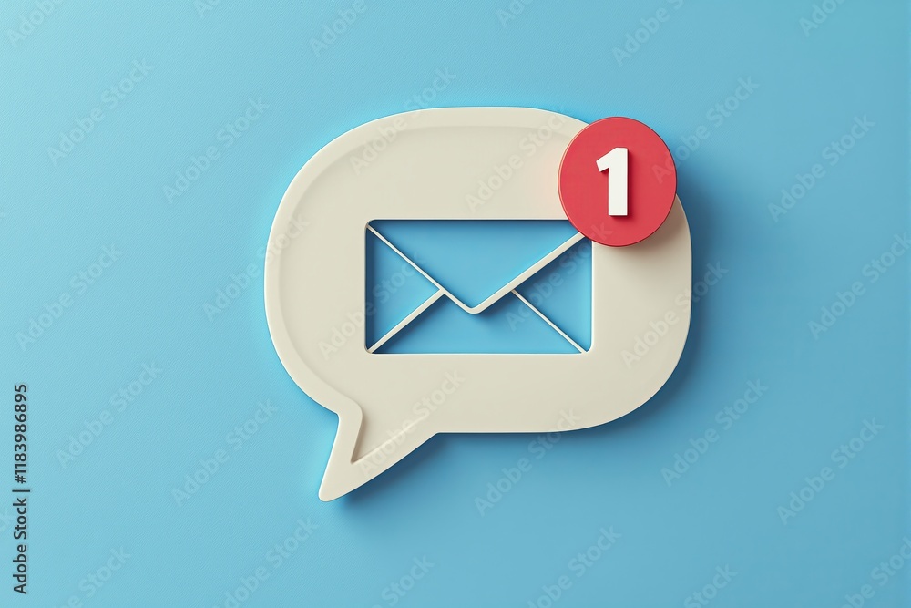 Poster notification icon showing envelope in speech bubble with number one alert, minimalistic style, blue 