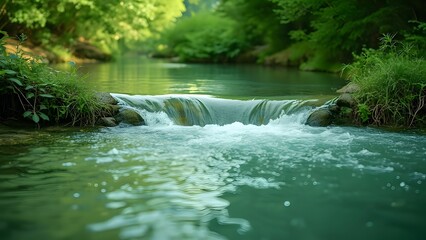 Obraz premium Serene Green River Flowing Through Lush Nature, Clean Water and Environmental Preservation