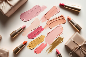 Obraz premium Lip gloss smear in heart shape forms on creamy background with lipsticks and wrapped gifts. AI generated