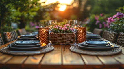 Naklejka premium Sunset garden dinner party table setting.