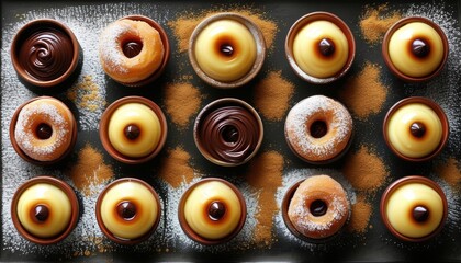 Fototapeta premium Delicious Variety of Sweet Bomboloni on a Serving Tray with Chocolate and Cream Filling