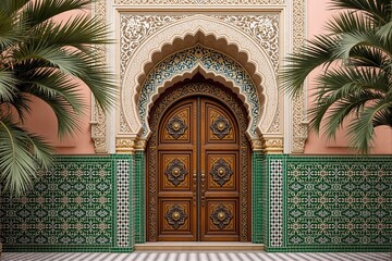 Decorative wooden door with detailed carvings, framed by an arched entrance, green mosaic tiles, and palm leaves, creating an exotic ambiance. Ai generative