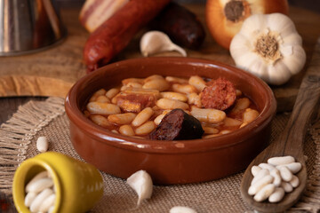 Traditional Asturian fabada stew with beans, chorizo, morcilla and bacon