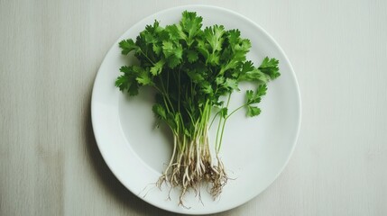 Fresh Cilantro on White Plate: A Culinary Delight
