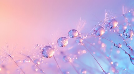 Dewdrops on dandelion seeds, pastel background.