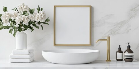 Fototapeta premium Elegant bathroom decor with brass frame and marble elements for interior design