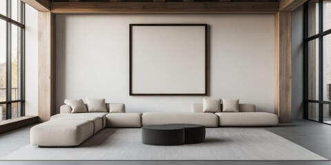 Modern minimalist living room with large canvas and neutral-toned furniture