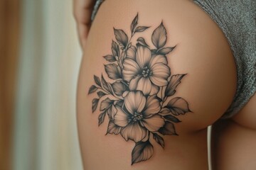 Detailed Floral Tattoo on the Woman’s Upper Thigh
