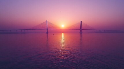Obraz premium Sunrise Cable Bridge Coastal Scene, Calm Waters