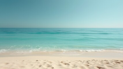 Fototapeta premium Serene Minimalist Beach Scene, Soft Sand, Turquoise Water, and Clear Blue Sky - Travel Inspiration Photography