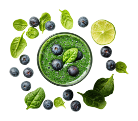 Healthy spinach and berry smoothie recipe kitchen food bright top view nutrition concept isolated on transparent background png