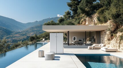 Fototapeta premium Modern outdoor cabinet by infinity pool, hillside villa