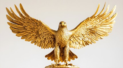 A majestic golden eagle statue with its wings fully spread, perched proudly on a pedestal. The intricate details of the feathers and the radiant gold finish symbolize power and freedom 
