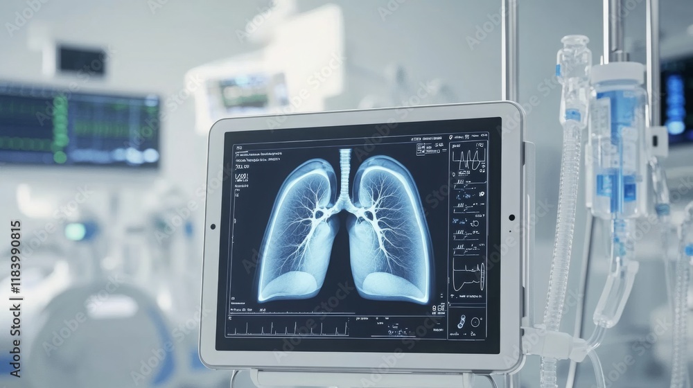 Poster a digital tablet displays a high-resolution x-ray of human lungs in a state-of-the-art medical envir