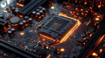 Illuminated Motherboard: A Close-Up of a Computer's Main Circuit Board