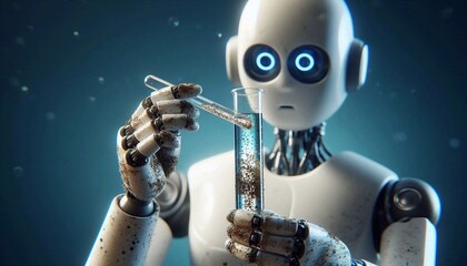 Naklejka premium Humanoid robot collects dirty water sample in test tube for environmental analysis, close-up of test tube