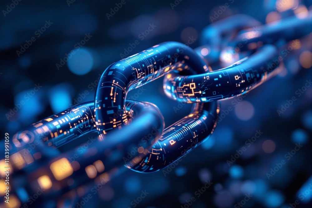 Aufkleber glowing digital chain with circuit-like patterns, futuristic design, blurred blue background, concep