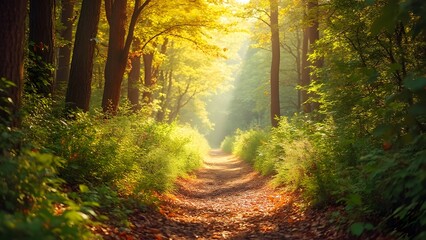 Sunlit Forest Path, Vibrant Autumn Nature Scene, Lush Green Foliage, Brown Tones, Golden Sunlight Through Trees