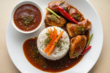 creamy rice garnished with orange carrot slices and green herbs, and pieces of chicken meat