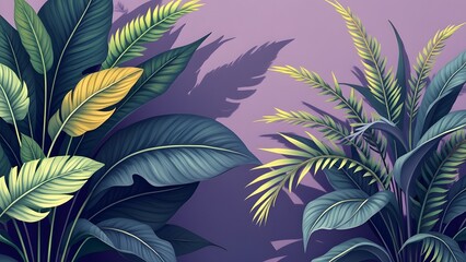 Vibrant Tropical Leaves with Shadows, Lavender Background, Lush Greenery, Yellow & Green Foliage, AI-Generated Botanical Art Print