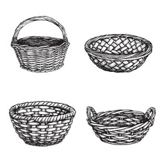 Obraz premium Wicker baskets set. Sketch hand drawn style. Picnic and harvest symbol. Vector illustrations isolated on white.