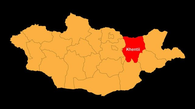 Khentii map animated video. The location is highlighted on the Mongolia map. Colour map with transparent background in video format.