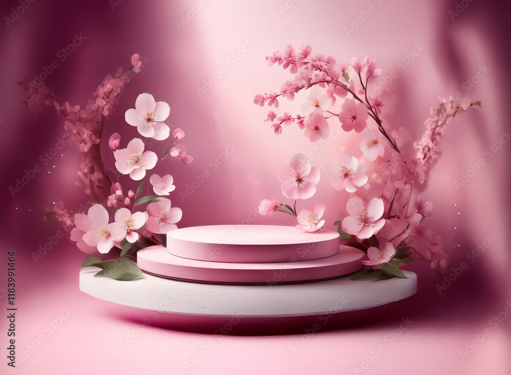 Poster elegant, two-tiered pink platform adorned with delicate cherry blossoms and orchids, creating a sere