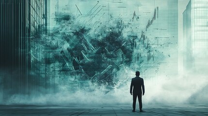 Investment charts crumble into dust, disintegrating in the air as they slowly fall apart. In the foreground, a lone trader watches from a distance, with a contemplative and concerned expression, 
