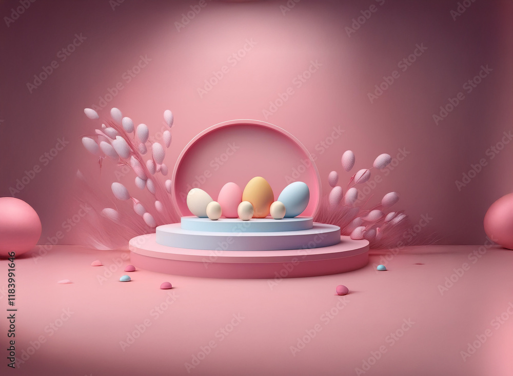 Poster pastel pink springtime scene with colorful eggs displayed on a tiered platform, adorned with delicat